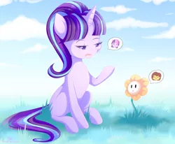 Size: 1280x1057 | Tagged: safe, artist:pastelmistress, banned from derpibooru, deleted from derpibooru, derpibooru import, starlight glimmer, twilight sparkle, crossover, flowey, frisk, undertale