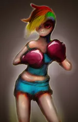 Size: 3200x5000 | Tagged: safe, artist:vitaj, banned from derpibooru, deleted from derpibooru, derpibooru import, rainbow dash, human, boxing, hair over one eye, humanized, solo, sports, uncanny valley