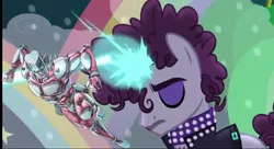 Size: 960x524 | Tagged: safe, banned from derpibooru, deleted from derpibooru, derpibooru import, edit, screencap, bear, pony, unicorn, the mane attraction, 1000 hours in ms paint, background pony, clothes, collar, crazy diamond, diamond is unbreakable, fabulous, facial hair, jacket, jewelry, jojo's bizarre adventure, jojo's bizarre adventure all star battle, josuke higashikata, leather, leather jacket, lipstick, magic, makeup, mascara, necklace, pompadour, prince (musician), purple rain, quality, stand, the spectacle, unicorn magic