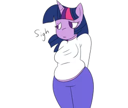 Size: 3400x2873 | Tagged: safe, artist:perlast, banned from derpibooru, deleted from derpibooru, derpibooru import, twilight sparkle, anthro, chubby, clothes, fat, pants, plump, sad, shirt, simple background, solo, transparent background