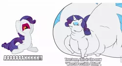 Size: 894x485 | Tagged: safe, banned from derpibooru, deleted from derpibooru, derpibooru import, edit, rarity, butt, comparison, fat, lordryu fat edit, morbidly obese, normal vs fat, obese, plot, rearity