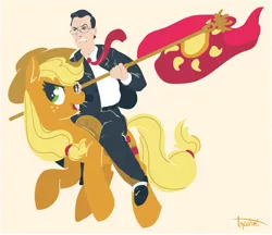 Size: 1305x1125 | Tagged: safe, artist:ponyshot, banned from derpibooru, deleted from derpibooru, derpibooru import, applejack, earth pony, human, pony, equestrian flag, female, flag, humans riding ponies, male, mare, riding, saddle, stephen colbert, tack