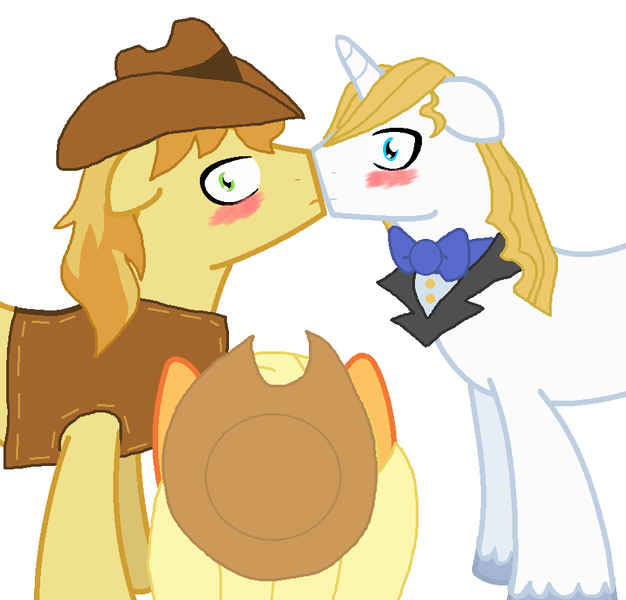 Size: 902x864 | Tagged: safe, banned from derpibooru, deleted from derpibooru, derpibooru import, applejack, braeburn, prince blueblood, "artist":mockingjaybases, blueburn, blushing, embarrassed, gay, male, shipping