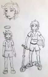 Size: 2106x3376 | Tagged: dead source, safe, artist:jklrxdk, banned from derpibooru, deleted from derpibooru, derpibooru import, scootaloo, human, grayscale, helmet, humanized, monochrome, scooter, sketch, sketch dump, smiling, traditional art