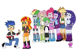 Size: 1024x673 | Tagged: safe, artist:resotii, banned from derpibooru, deleted from derpibooru, derpibooru import, applejack, flash sentry, fluttershy, pinkie pie, rainbow dash, rarity, spike, sunset shimmer, twilight sparkle, human, equestria girls, blushing, equestria girls-ified, female, flashimmer, guitar pick, hug, human spike, humanized, male, mane six, marriage proposal, shipping, straight