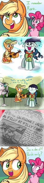 Size: 1000x4167 | Tagged: safe, artist:amarcato, banned from derpibooru, deleted from derpibooru, derpibooru import, applejack, coloratura, pinkie pie, the mane attraction, camp friendship, comic, cuffs, female, filly, fingers, guitar, midget, musical instrument, newspaper, singing