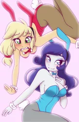 Size: 800x1236 | Tagged: suggestive, artist:ashleynicholsart, banned from derpibooru, deleted from derpibooru, derpibooru import, applejack, rarity, equestria girls, blushing, bowtie, breasts, bunny ears, bunny girl, bunny suit, busty rarity, cleavage, clothes, female, females only, gritted teeth, image, leotard, lesbian, looking at you, pantyhose, playboy, playboy bunny, playboy bunny applejack, playboy bunny rarity, png, rarijack, shipping, smiling