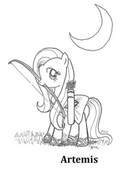 Size: 1024x1325 | Tagged: safe, artist:cupcakemania, banned from derpibooru, deleted from derpibooru, derpibooru import, fluttershy, princess luna, bow, grayscale, monochrome, moon, mythology, prince artemis, rule 63, solo, traditional art