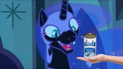 Size: 1366x768 | Tagged: safe, banned from derpibooru, deleted from derpibooru, derpibooru import, edit, edited screencap, screencap, nightmare moon, the cutie re-mark, alternate timeline, cute, faic, fangs, happy, moonabetes, moonie snacks, moon moon, moon soup, nightmare takeover timeline, offering, open mouth, sharp teeth, smiling, solo, teeth