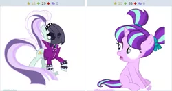 Size: 509x270 | Tagged: safe, banned from derpibooru, deleted from derpibooru, derpibooru import, coloratura, starlight glimmer, derpibooru, the cutie re-mark, the mane attraction, alternate hairstyle, bracelet, clothes, countess coloratura, exploitable meme, female, filly, jacket, jewelry, juxtaposition, juxtaposition win, meme, meta, ponytail, vector, veil, younger