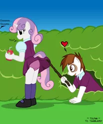 Size: 1944x2350 | Tagged: suggestive, artist:tolpain, banned from derpibooru, deleted from derpibooru, derpibooru import, edit, pipsqueak, sweetie belle, anthro, assisted exposure, clothes, dialogue, food, heart, juice, juice box, lolicon, mary janes, offscreen character, panties, panty shot, peeping, purple underwear, school uniform, shoes, skirt, skirt flip, skirt lift, stick, underage, underwear, upskirt