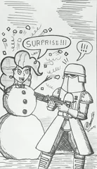 Size: 2334x4056 | Tagged: safe, artist:atisuto17, banned from derpibooru, deleted from derpibooru, derpibooru import, pinkie pie, equestria girls, crossover, female, hidden, hoth, monochrome, snowman, snowtrooper, star wars, surprised, traditional art