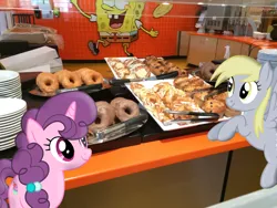 Size: 3264x2448 | Tagged: safe, artist:djdavid98, artist:mr-kennedy92, artist:superponytime, banned from derpibooru, deleted from derpibooru, derpibooru import, derpy hooves, sugar belle, pony, box, bread, cookie, donut, floating, food, image, irl, jpeg, muffin, photo, plate, ponies in real life, spongebob squarepants, spongebob squarepants (character), vector