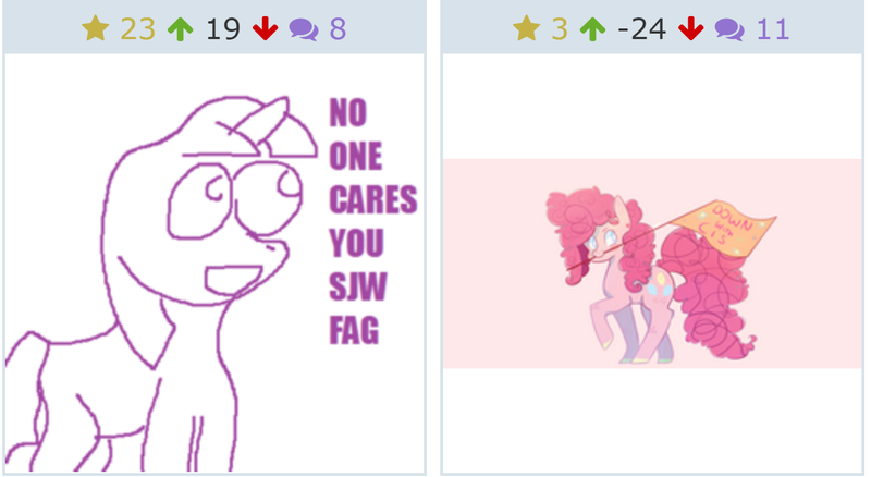 Size: 1488x814 | Tagged: safe, artist:bukaa-a, banned from derpibooru, deleted from derpibooru, derpibooru import, pinkie pie, twilight sparkle, unicorn, derpibooru, cisphobia, exploitable meme, feminist, flag, hate, juxtaposition, juxtaposition win, meme, meta, mouthpiece, simple background, social justice, social justice warrior, solo, stylistic suck, vulgar