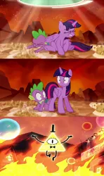 Size: 640x1080 | Tagged: safe, banned from derpibooru, deleted from derpibooru, derpibooru import, spike, twilight sparkle, alicorn, demon, dragon, the cutie re-mark, alternate timeline, apocalypse, backpack, bill cipher, crossover, cutie map, exploitable meme, fire, gravity falls, meme, spoilers for another series, tirek's timeline, twilight sees the future, twilight sparkle (alicorn), weirdmageddon