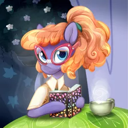 Size: 975x975 | Tagged: safe, artist:jumblehorse, banned from derpibooru, deleted from derpibooru, derpibooru import, frazzle rock, princess spike (episode), adorkable, book, cute, dork, food, frazzlebetes, glasses, image, looking at you, png, solo, tea