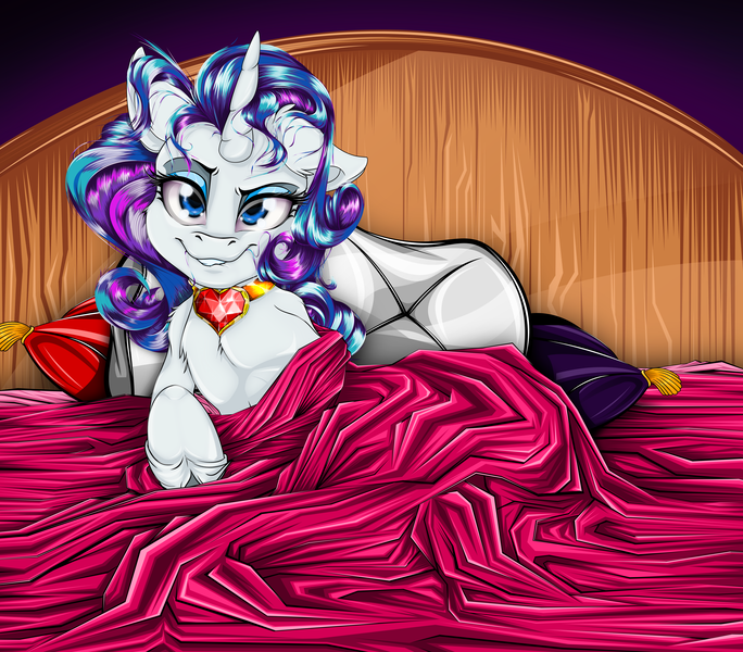 Size: 6000x5261 | Tagged: suggestive, artist:dimidiummorsumbra, banned from derpibooru, deleted from derpibooru, derpibooru import, rarity, bed, female, fire ruby, gem, lip bite, pillow, ruby, solo, solo female