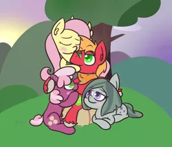 Size: 2100x1800 | Tagged: safe, artist:kimsdoodles, banned from derpibooru, deleted from derpibooru, derpibooru import, big macintosh, cheerilee, fluttershy, marble pie, earth pony, pony, bandana, big macintosh gets all the mares, blushing, cheerablemacshy, cheerimac, female, fluttermac, harem, male, marblemac, polyamory, shipping, stallion, straight