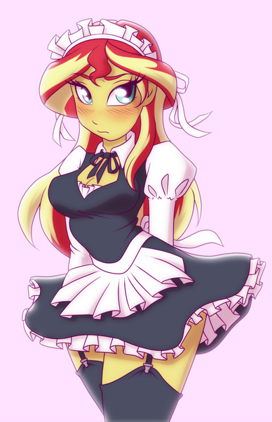 Size: 800x1236 | Tagged: dead source, suggestive, artist:ashleynicholsart, banned from derpibooru, deleted from derpibooru, derpibooru import, sunset shimmer, equestria girls, adorasexy, bedroom eyes, blushing, breasts, busty sunset shimmer, cleavage, clothes, cute, dress, female, frown, garters, looking at you, maid, sexy, shimmerbetes, shy, simple background, skirt, socks, solo, thigh highs, zettai ryouiki