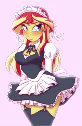 Size: 800x1236 | Tagged: dead source, suggestive, artist:ashleynicholsart, banned from derpibooru, deleted from derpibooru, derpibooru import, sunset shimmer, equestria girls, adorasexy, bedroom eyes, blushing, breasts, busty sunset shimmer, cleavage, clothes, cute, dress, female, frown, garters, looking at you, maid, sexy, shimmerbetes, shy, simple background, skirt, socks, solo, thigh highs, zettai ryouiki