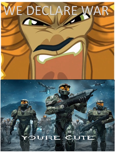 Size: 1372x1820 | Tagged: safe, banned from derpibooru, deleted from derpibooru, derpibooru import, prince rutherford, yak, halo (series), halo wars, meme, obligatory pony, spartan, war declaration meme