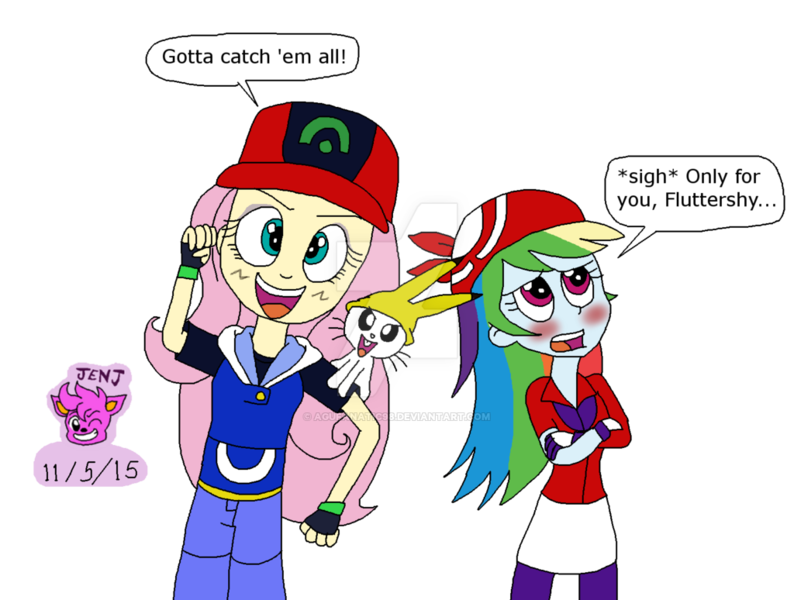 Size: 1024x774 | Tagged: safe, artist:resotii, banned from derpibooru, deleted from derpibooru, derpibooru import, angel bunny, fluttershy, rainbow dash, pikachu, equestria girls, ash ketchum, clothes, cosplay, costume, female, flutterdash, image, implied shipping, lesbian, may, may (pokémon), png, pokémon, shipping, simple background, transparent background, watermark