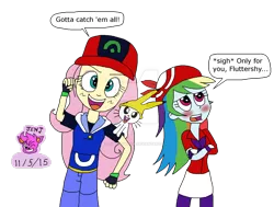 Size: 1024x774 | Tagged: safe, artist:resotii, banned from derpibooru, deleted from derpibooru, derpibooru import, angel bunny, fluttershy, rainbow dash, pikachu, equestria girls, ash ketchum, clothes, cosplay, costume, female, flutterdash, image, implied shipping, lesbian, may, may (pokémon), png, pokémon, shipping, simple background, transparent background, watermark