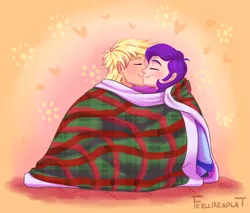 Size: 1024x874 | Tagged: safe, artist:feellikeaplat, banned from derpibooru, deleted from derpibooru, derpibooru import, applejack, rarity, human, blanket, cuddling, eyes closed, female, humanized, lesbian, rarijack, shipping, snuggling