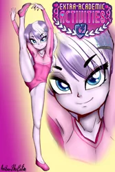 Size: 2000x3000 | Tagged: suggestive, artist:anibaruthecat, banned from derpibooru, deleted from derpibooru, derpibooru import, diamond tiara, equestria girls, armpits, ballet slippers, bedroom eyes, cameltoe, clothes, female, flexible, gymnastics, image, jpeg, leotard, looking at you, smiling, solo, solo female, standing splits, stretching, underage