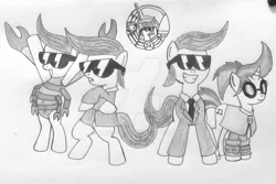 Size: 1024x684 | Tagged: safe, artist:atisuto17, banned from derpibooru, deleted from derpibooru, derpibooru import, vinyl scratch, crossover, female, hair, heavy metal, leningrad cowboys, monochrome, music, red army choir, red lobster, rock band, russia, traditional art, watermark