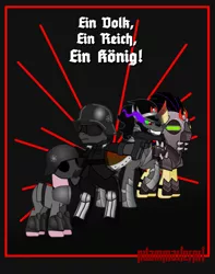 Size: 794x1006 | Tagged: semi-grimdark, artist:adammasterart, banned from derpibooru, deleted from derpibooru, derpibooru import, king sombra, oc, oc:viktor nokturnus, pony, the cutie re-mark, alternate timeline, bipedal, blackletter, crystal war timeline, der kristall reich, german, gun, helmet, luger, mind control, propaganda, sombra soldier, stahlhelm, sunglasses