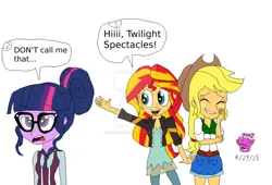 Size: 1024x696 | Tagged: safe, artist:resotii, banned from derpibooru, deleted from derpibooru, derpibooru import, applejack, sci-twi, sunset shimmer, twilight sparkle, human, equestria girls, friendship games, appleshimmer, comic, female, humanized, implied appleshimmer, implied lesbian, implied shipping, lesbian, nerd, pun, shipping, twilight spectacles, watermark