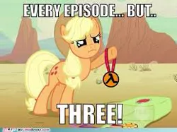 Size: 259x194 | Tagged: safe, banned from derpibooru, deleted from derpibooru, derpibooru import, applejack, caption, half-life 3, image macro, meme, needs more jpeg, solo, text