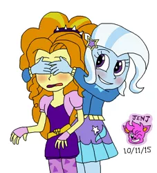 Size: 864x953 | Tagged: safe, artist:resotii, banned from derpibooru, deleted from derpibooru, derpibooru import, adagio dazzle, trixie, equestria girls, blushing, female, guess who, lesbian, shipping, simple background, triagio