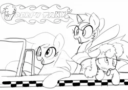 Size: 1600x1118 | Tagged: safe, banned from derpibooru, deleted from derpibooru, derpibooru import, bon bon, derpy hooves, lyra heartstrings, sweetie drops, bon bon is not amused, crazy taxi, derp, messy mane, monochrome, parody, sega, sketch, taxi, unamused