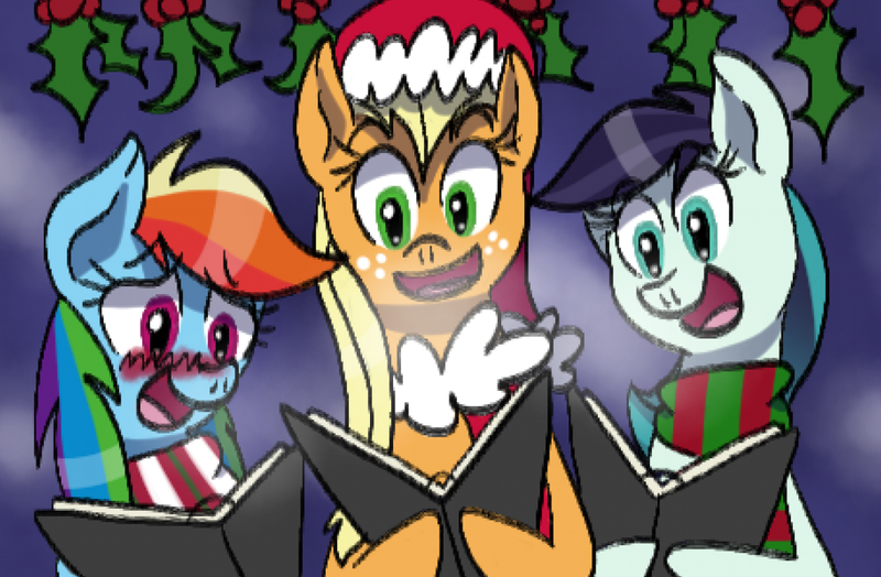 Size: 1250x818 | Tagged: dead source, safe, artist:haleythewerehog, banned from derpibooru, deleted from derpibooru, derpibooru import, applejack, coloratura, rainbow dash, appledash, blushing, book, caroling, christmas, clothes, female, hat, holiday, holly, lesbian, polyamory, rappledash, raradash, rarajack, santa hat, scarf, shipping, singing