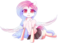 Size: 1047x764 | Tagged: safe, artist:pastelmistress, banned from derpibooru, deleted from derpibooru, derpibooru import, oc, unofficial characters only, pegasus, pony, semi-anthro, backbend, bow, clothes, cobra stretch, cute, looking at you, shirt, simple background, skirt, socks, solo, stretching, thigh highs, zettai ryouiki
