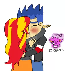 Size: 1024x1132 | Tagged: safe, artist:resotii, banned from derpibooru, deleted from derpibooru, derpibooru import, flash sentry, sunset shimmer, equestria girls, blushing, eyes closed, female, flashimmer, hug, kissing, male, shipping, straight, watermark