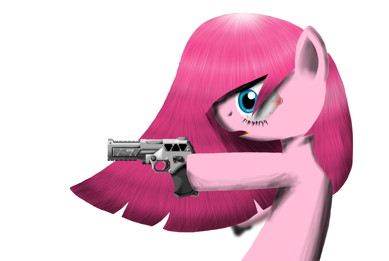 Size: 3048x2048 | Tagged: semi-grimdark, banned from derpibooru, deleted from derpibooru, derpibooru import, pinkie pie, bloodshot eyes, dual wield, gun, handgun, pinkamena diane pie, pistol, solo, weapon