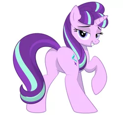 Size: 1869x1754 | Tagged: suggestive, artist:culu-bluebeaver, banned from derpibooru, deleted from derpibooru, derpibooru import, edit, starlight glimmer, ass, bedroom eyes, butt, featureless crotch, female, glimmer glutes, lidded eyes, looking at you, looking back, plot, raised hoof, s5 starlight, seductive, seductive look, sexy, sfw edit, simple background, solo, solo female, stupid sexy starlight glimmer, white background