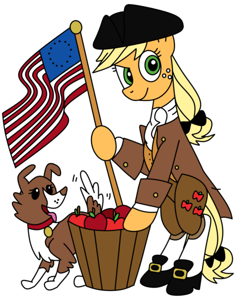 Size: 880x1100 | Tagged: safe, artist:wertyla, banned from derpibooru, deleted from derpibooru, derpibooru import, applejack, winona, american, american flag, american revolution, amerijack, apple, basket, clothes, coat, flag, food, hat, history, horn, multiple horns, murica, patriot, patriotic, patriotism, revolutionary war, shoes, stockings, thigh highs, tricorn, tricorne, united states