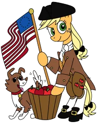 Size: 880x1100 | Tagged: safe, artist:wertyla, banned from derpibooru, deleted from derpibooru, derpibooru import, applejack, winona, american, american flag, american revolution, amerijack, apple, basket, clothes, coat, flag, food, hat, history, horn, multiple horns, murica, patriot, patriotic, patriotism, revolutionary war, shoes, stockings, thigh highs, tricorn, tricorne, united states