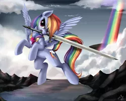 Size: 1024x819 | Tagged: safe, artist:ponykillerx, banned from derpibooru, deleted from derpibooru, derpibooru import, rainbow dash, element of harmony, element of loyalty, epic, flying, glare, looking at you, mouth hold, rainbow, river, sky, solo, spread wings, sword, weapon, wings