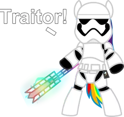 Size: 1261x1183 | Tagged: safe, artist:nstone53, banned from derpibooru, deleted from derpibooru, derpibooru import, edit, rainbow dash, ponified, pony, bipedal, dialogue, fn-2199, solo, spoilers for another series, star wars, star wars: the force awakens, stormtrooper, tr-8r