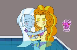 Size: 1024x664 | Tagged: safe, artist:resotii, banned from derpibooru, deleted from derpibooru, derpibooru import, adagio dazzle, trixie, equestria girls, belly button, blushing, clothes, eyes closed, female, lesbian, shipping, swimming pool, swimsuit, triagio, watermark