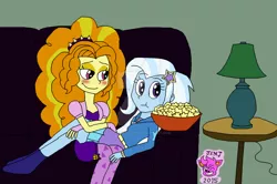 Size: 1024x678 | Tagged: safe, artist:resotii, banned from derpibooru, deleted from derpibooru, derpibooru import, adagio dazzle, trixie, equestria girls, blushing, bowl, clothes, couch, female, food, lamp, lesbian, popcorn, shipping, sitting on lap, socks, triagio