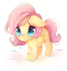 Size: 1125x1200 | Tagged: dead source, safe, artist:jumblehorse, banned from derpibooru, deleted from derpibooru, derpibooru import, fluttershy, pegasus, pony, bandaid, blank flank, crying, cute, female, filly, filly fluttershy, floppy ears, foal, folded wings, looking at you, looking up, puddle, sad, shyabetes, simple background, solo, stray strand, teary eyes, weapons-grade cute, wingding eyes, wings, younger