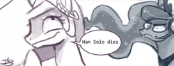 Size: 550x208 | Tagged: safe, artist:johnjoseco, banned from derpibooru, deleted from derpibooru, derpibooru import, princess celestia, ask gaming princess luna, background pony strikes again, meme, princess spoilestia, shitposting, spoiler, spoilers for another series, star wars