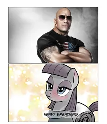 Size: 673x782 | Tagged: safe, artist:pencils, banned from derpibooru, deleted from derpibooru, derpibooru import, maud pie, earth pony, human, blushing, dwayne johnson, exploitable meme, heavy breathing, irl, irl human, meme, photo, the rock