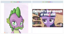 Size: 521x281 | Tagged: safe, banned from derpibooru, deleted from derpibooru, derpibooru import, spike, twilight sparkle, derpibooru, angry, annoyed, exploitable meme, juxtaposition, juxtaposition win, meme, memeception, meta, reaction image, vulgar